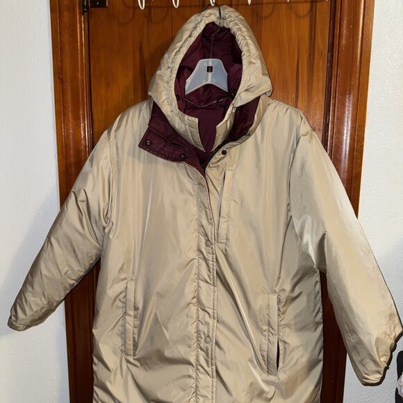 Lands End Large 14 16 Ladies Goose Down Puffer Coat Reversible Burgundy Tan - Picture 9 of 14